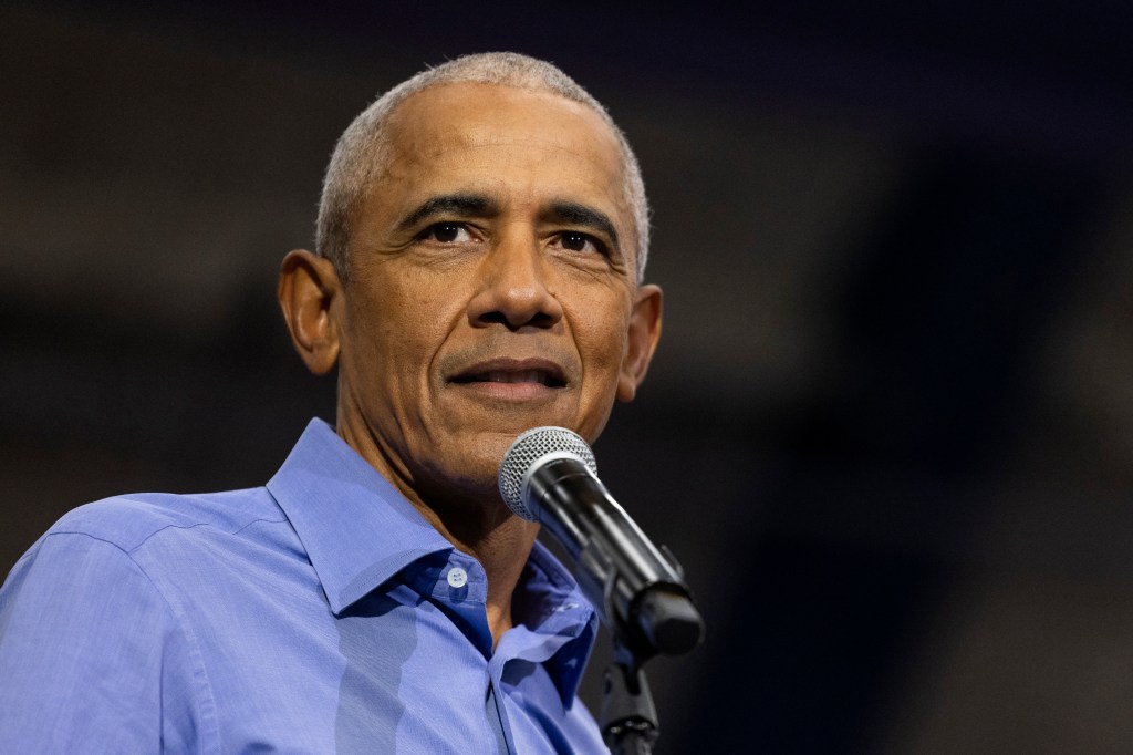 Former President Barack Obama campaigns for Vice President and Presidential Democratic Candidate Kamala Harris in Pittsburgh, Pennsylvania, on October 10, 2024.